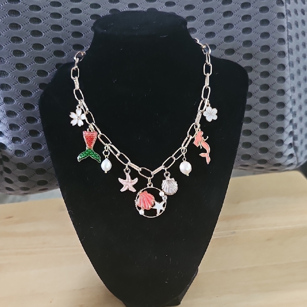 Mermaid-Theme Gold Paperclip Chain Necklace W/ Added Charms + Freshwater Pearls